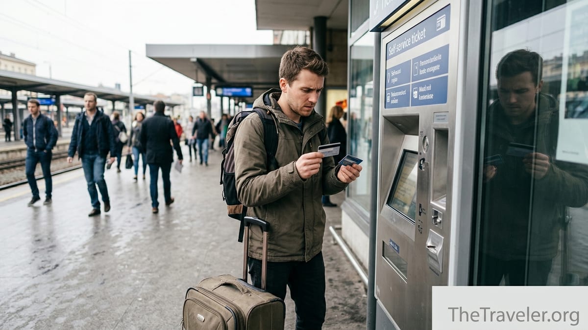 Traveler holding credit cards at a foreign train station ticket kiosk with suitcase.