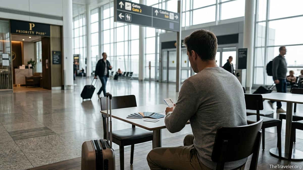 Traveler at airport café comparing credit cards before boarding a flight.