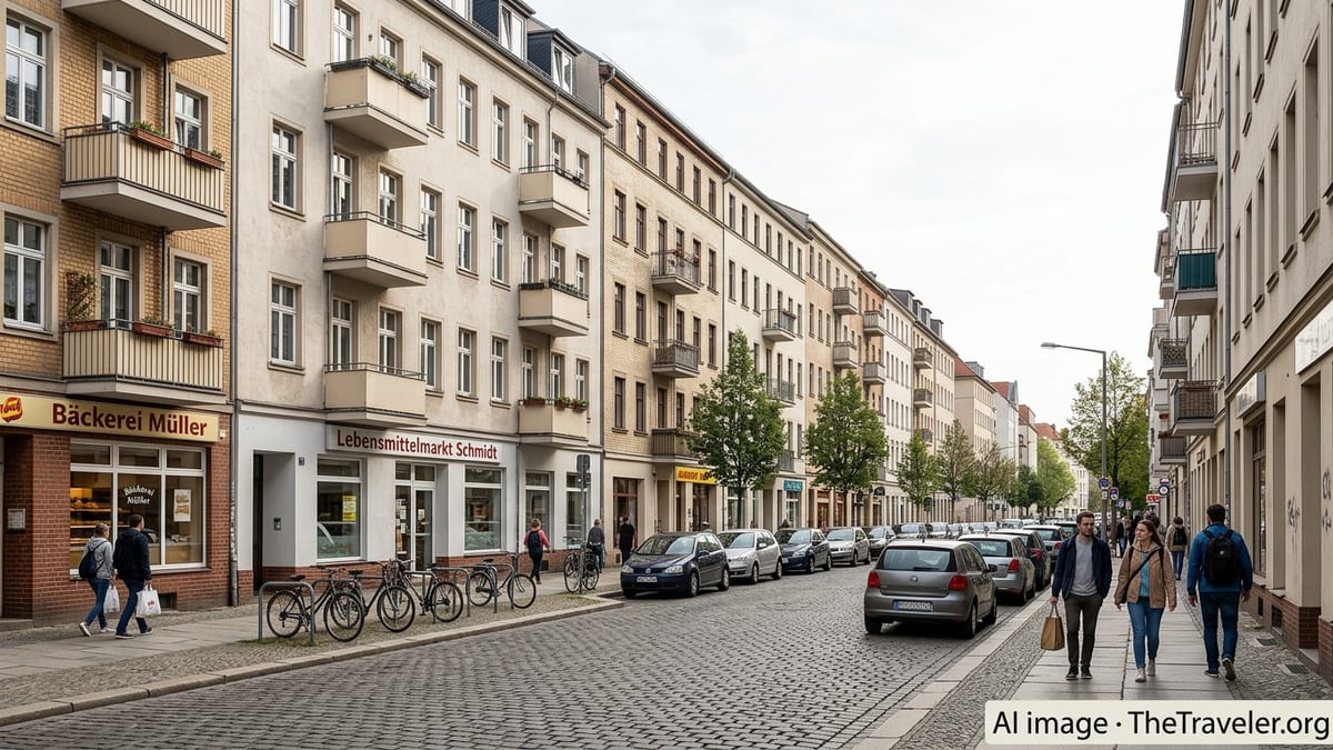 Typical residential street in an affordable mid-sized German city with apartment blocks and shops.