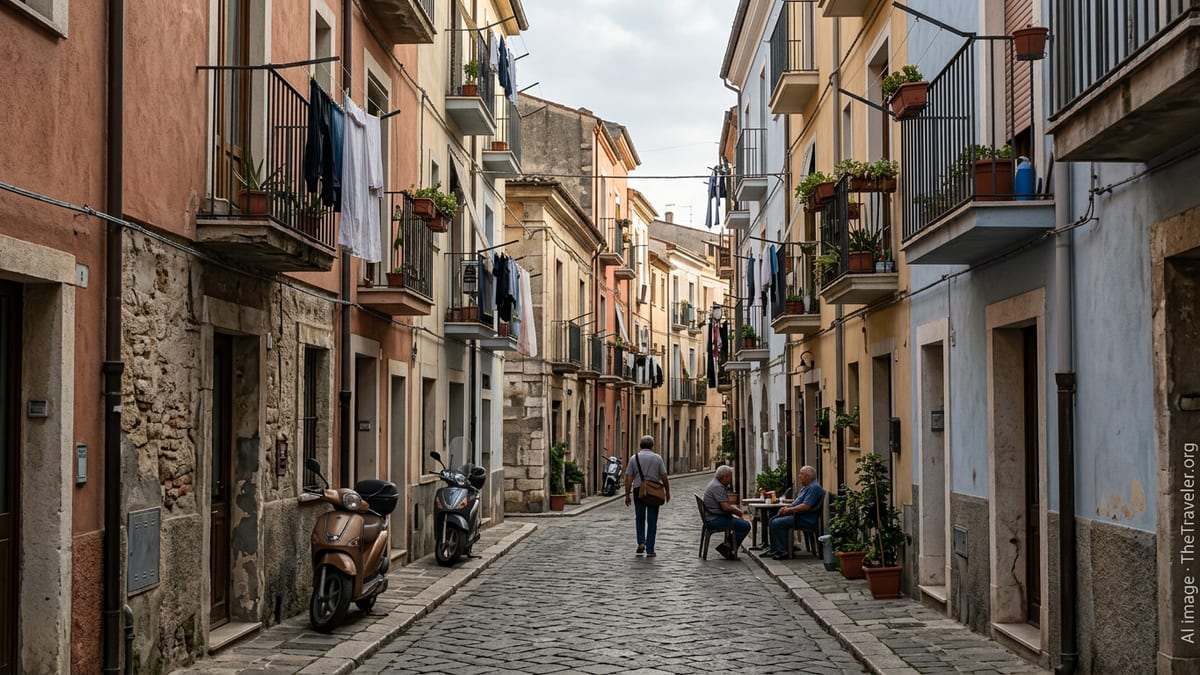 Quiet residential street in a small Italian city with modest apartments and parked scooters.