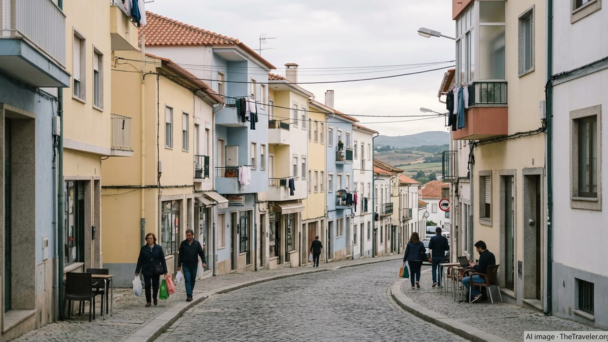 Quiet residential street in a small inland Portuguese city with modest apartments and a remote worker at a cafe.