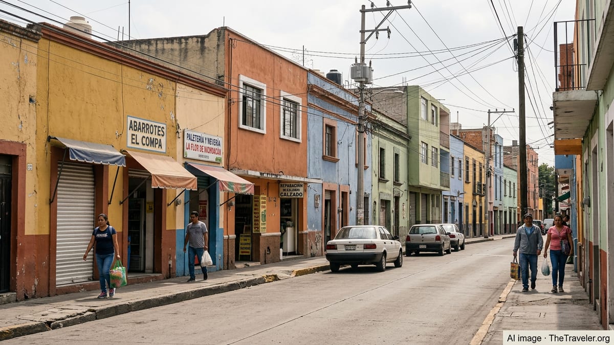 Ordinary street in an affordable Mexican city with modest shops and apartments.
