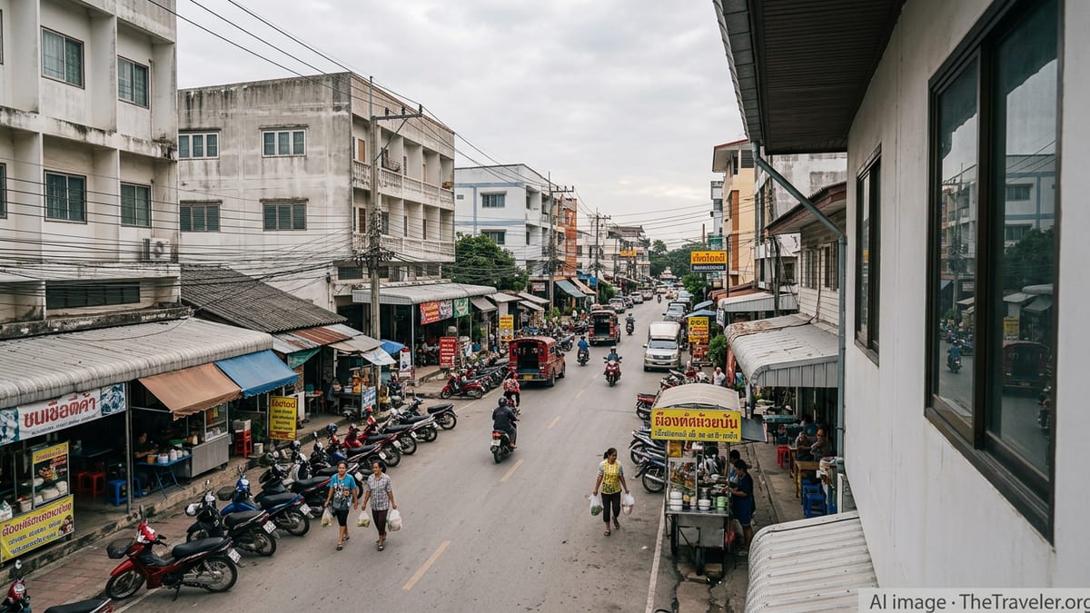 Everyday street scene with modest apartments and shops in a Thai city neighborhood.