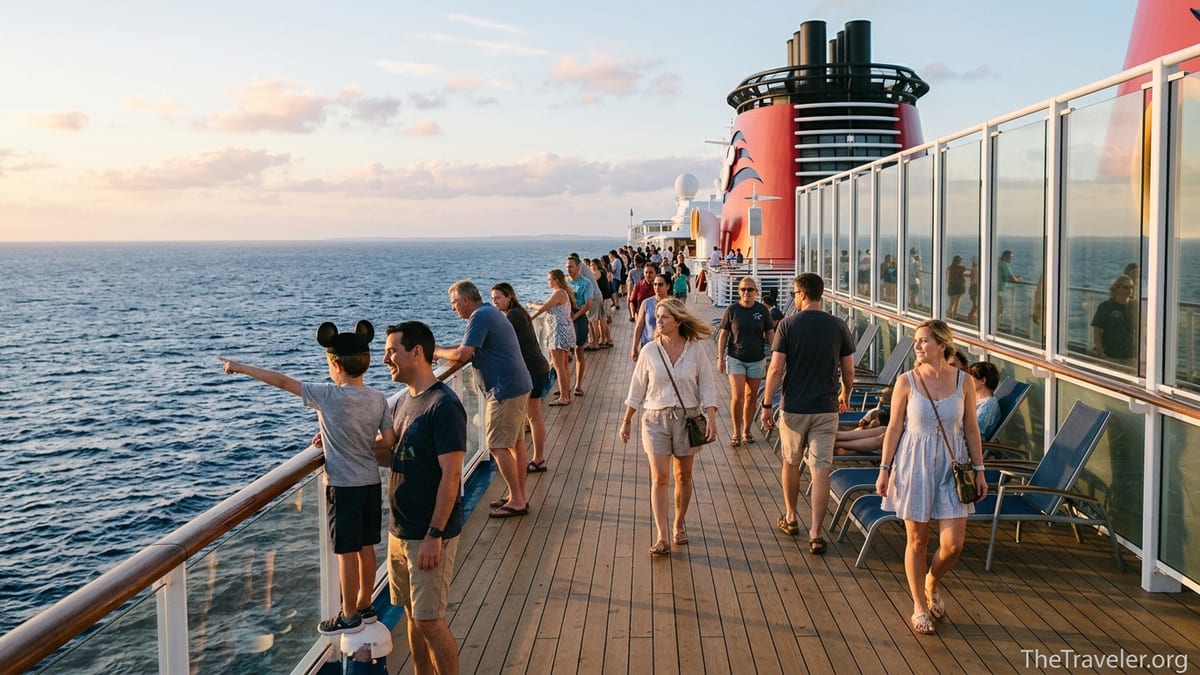 Families enjoying sunset on deck of a Disney cruise ship with sea views