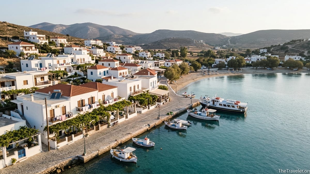 Quiet Dodecanese island harbor with small village, beach and ferry at sunset