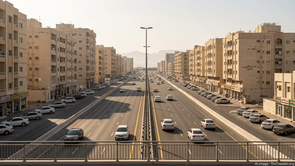 Everyday traffic on a UAE highway lined with modest apartment blocks in a low cost emirate