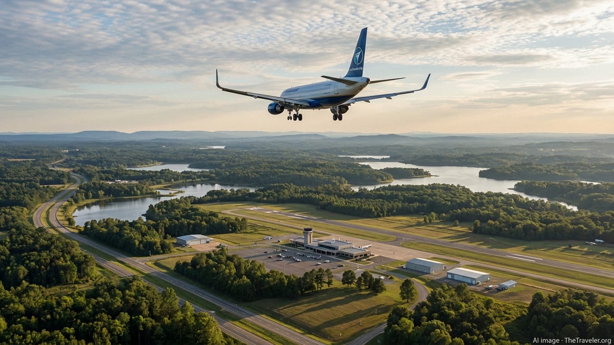 Commercial jet landing over an Arkansas airport surrounded by green hills at golden hour
