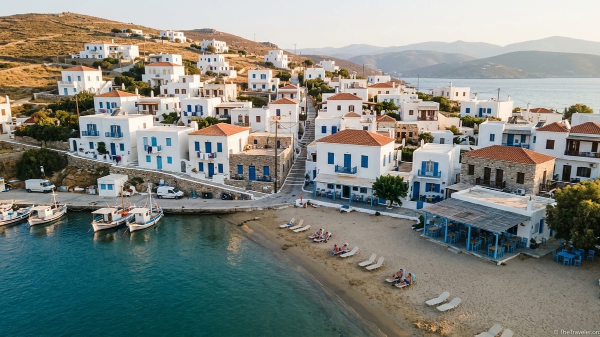 Quiet whitewashed village and simple beach on a lesser-known Greek island at golden hour.