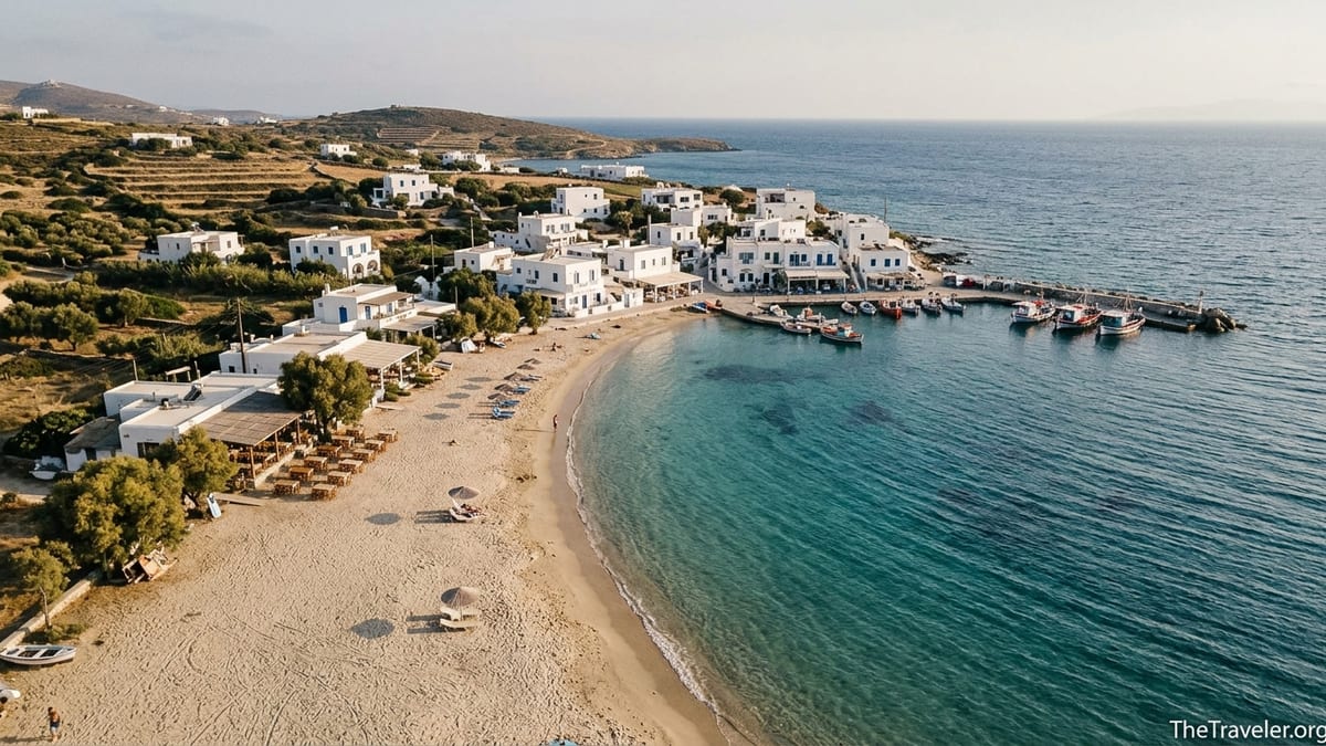 Aerial view of a quiet Greek island village and sandy beach with turquoise sea at golden hour.