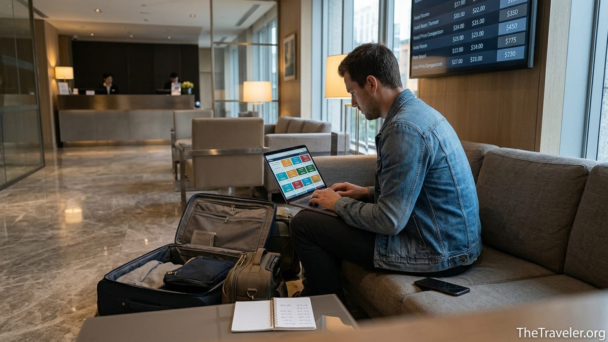 Traveler comparing hotel prices on a laptop in a modern city hotel lobby.