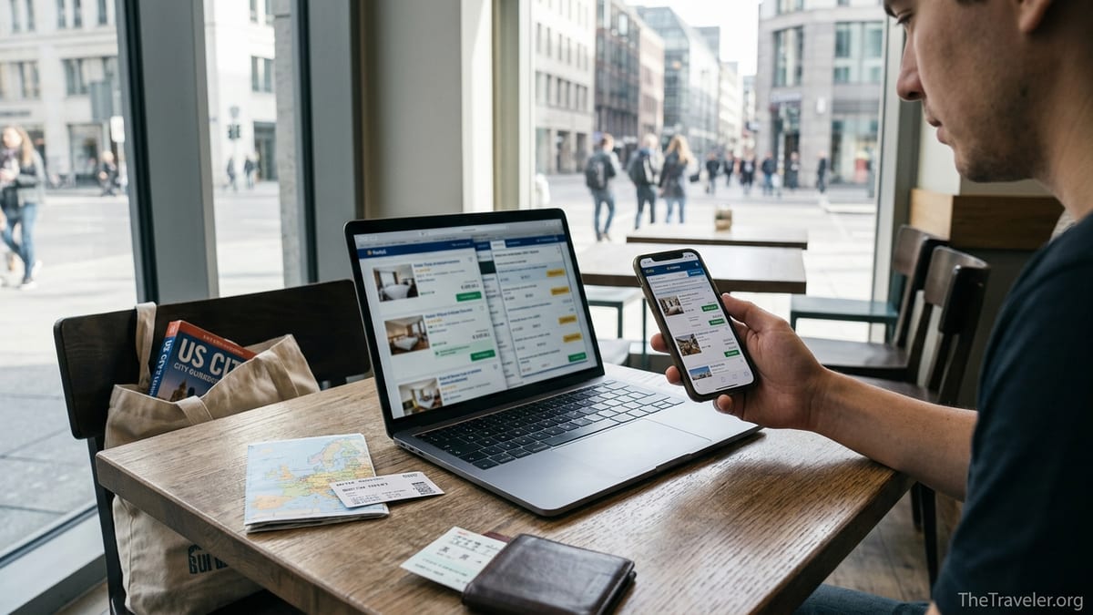 Traveler comparing hotel booking sites on laptop and phone in a bright cafe.