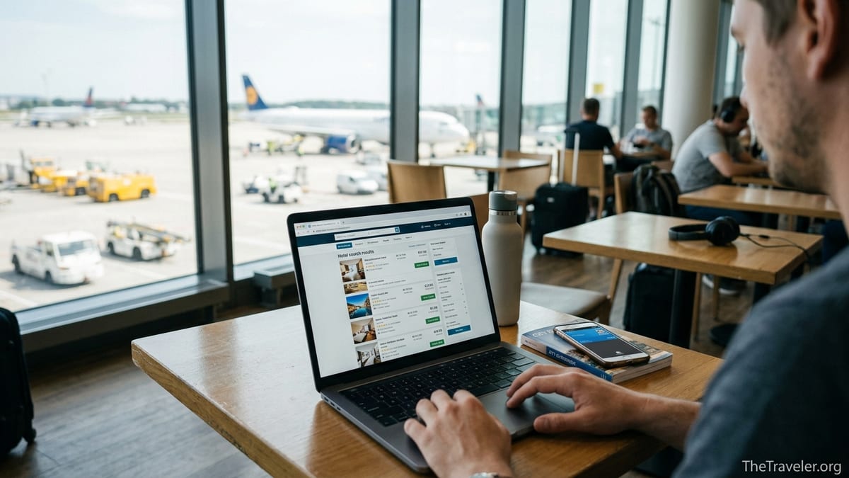 Traveler using a laptop in an airport lounge to search for hotel deals during peak season.