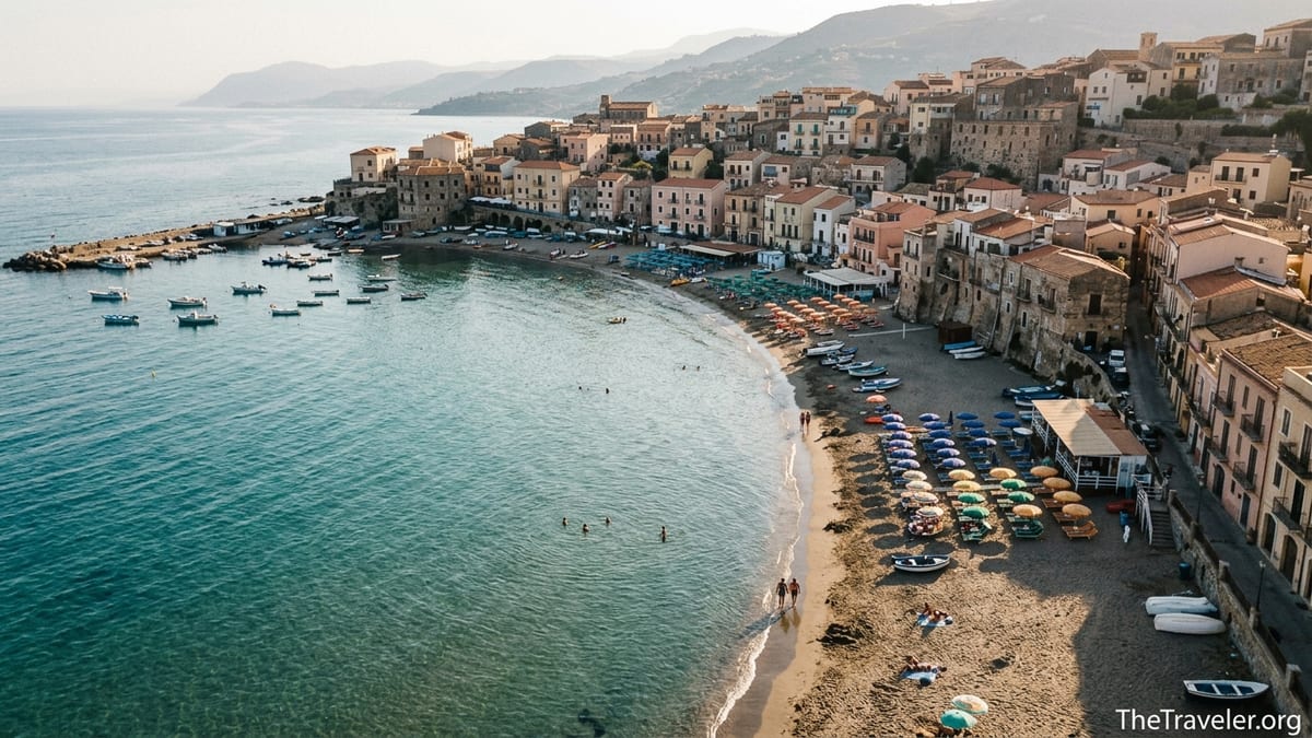 Aerial view of a modest Sicilian beach town with umbrellas, turquoise sea and terracotta rooftops.