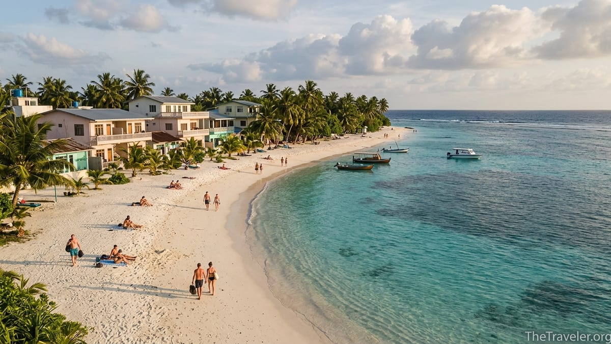 Local Maldivian island bikini beach with guesthouses, palm trees and turquoise lagoon at sunset.