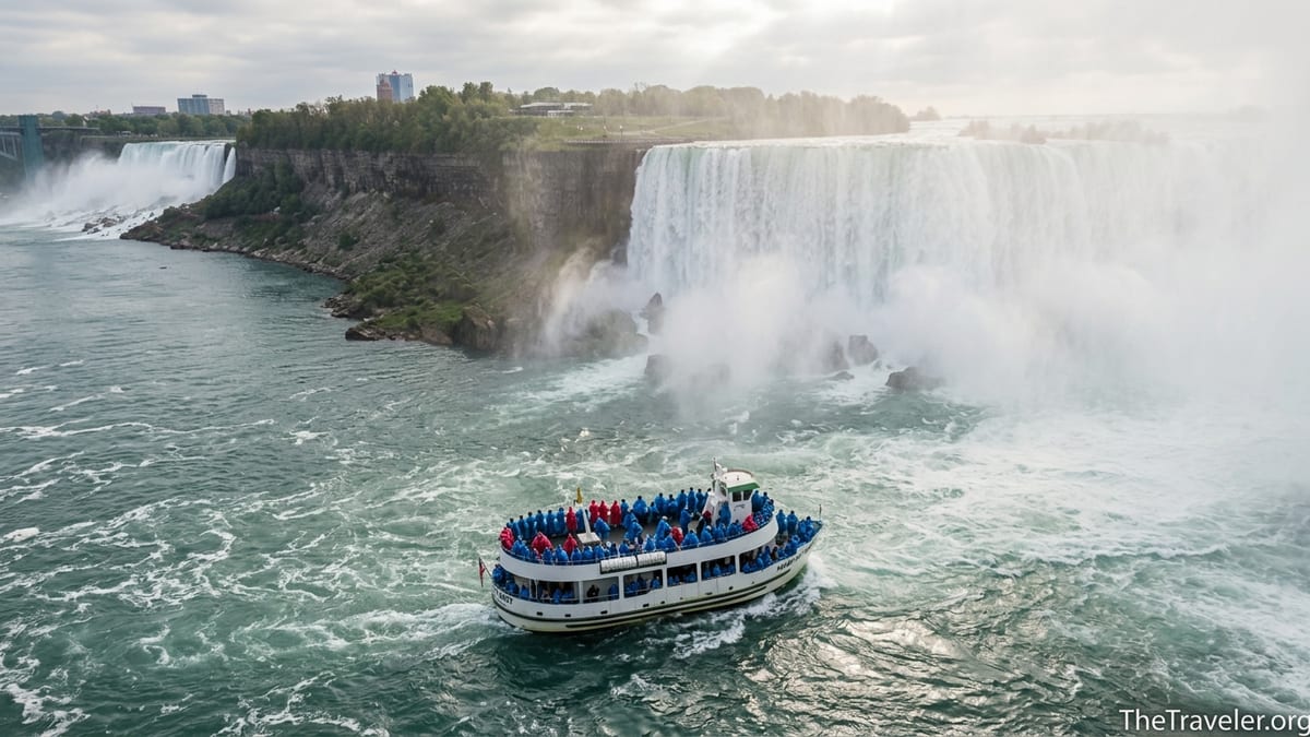 Boat full of poncho clad visitors approaching Niagara Falls through mist on a cloudy day