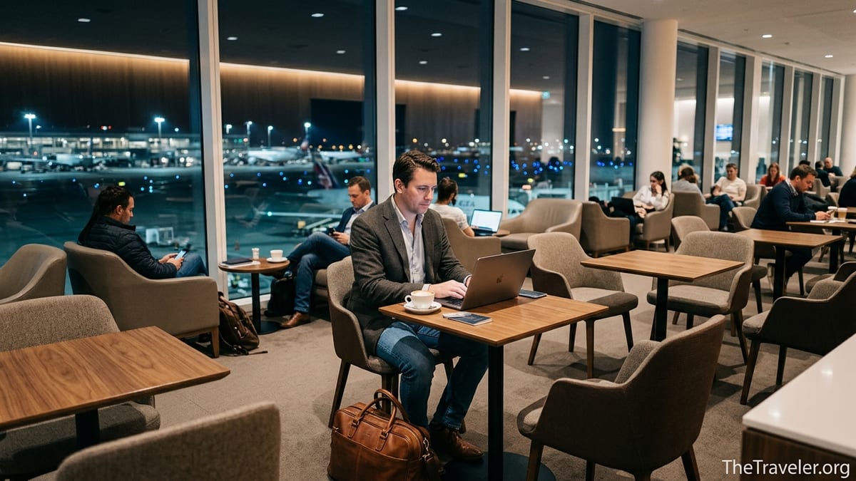 Business traveler using a laptop in an airport lounge with planes outside at night