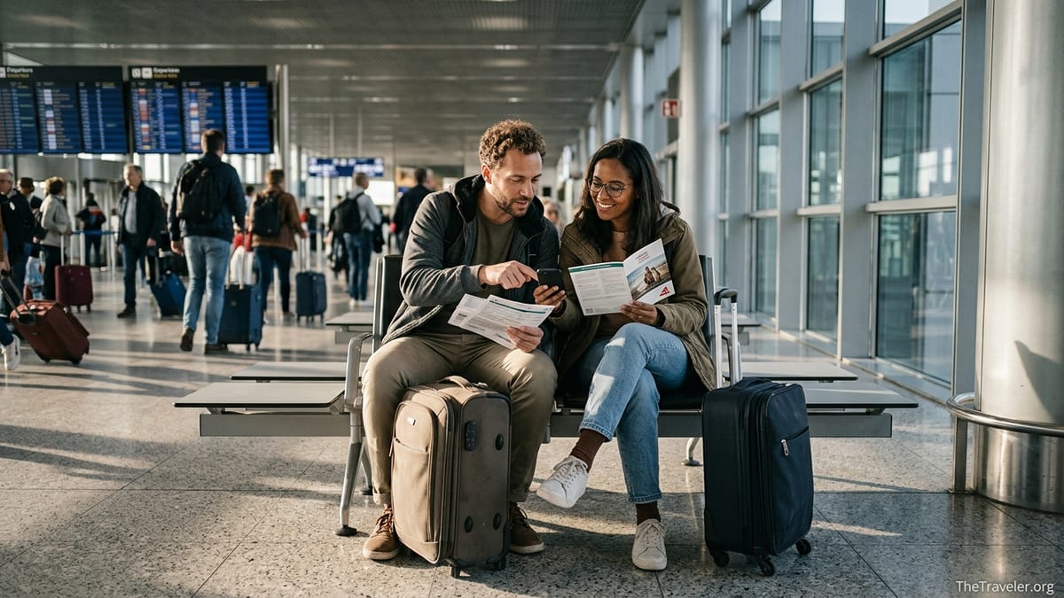 Travelers in a European airport reviewing insurance papers beside their luggage.