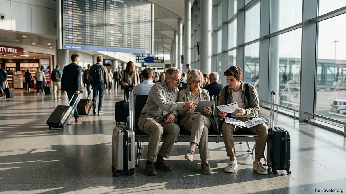 Travellers in an airport departure hall reviewing travel insurance documents.