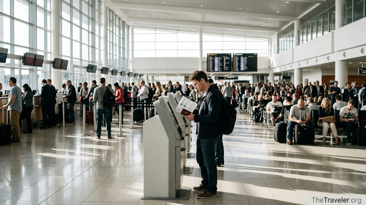 Travellers in an Australian airport departures hall checking documents and luggage.