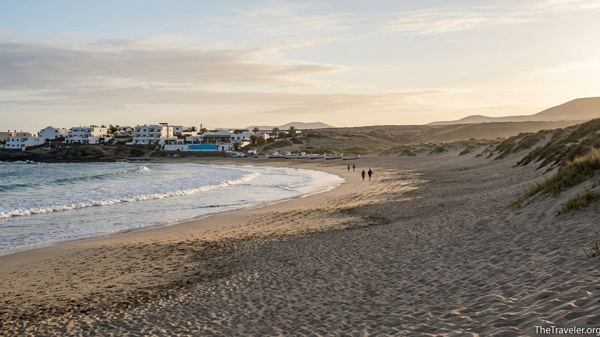 Quiet Fuerteventura beach at sunrise with dunes, low-rise resorts and gentle waves.