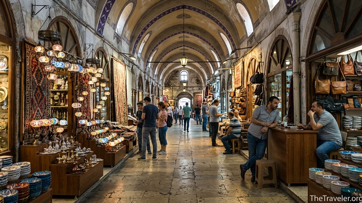 Quiet weekday morning inside Istanbul’s Grand Bazaar with shoppers browsing lamps and carpets.