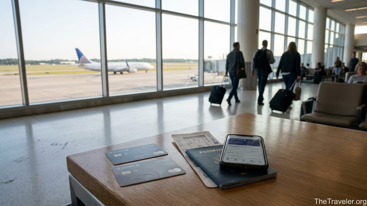 Travel credit cards, passport and boarding pass on a table overlooking a United jet at an airport.
