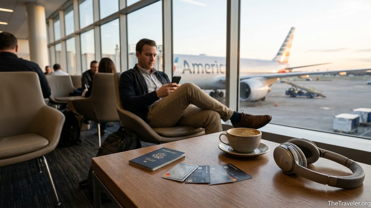 Traveler in an airport lounge comparing credit cards with an American Airlines jet outside the window.