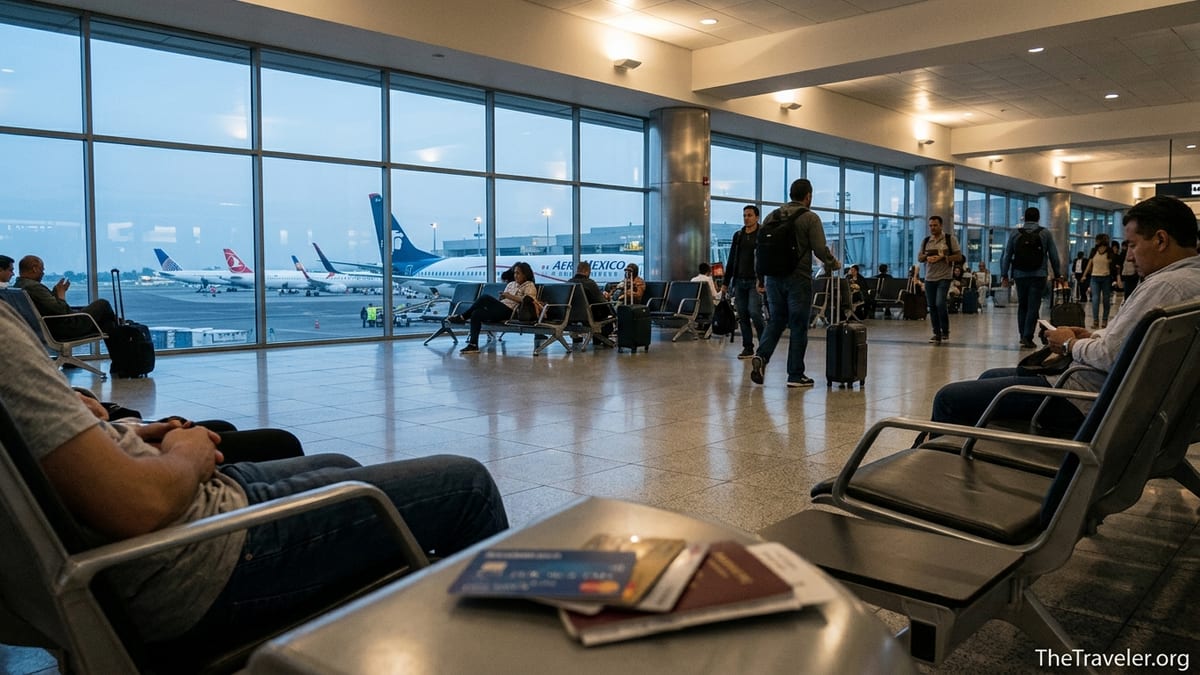 Traveler holding credit cards and passport in an airport lounge overlooking Aeromexico aircraft.