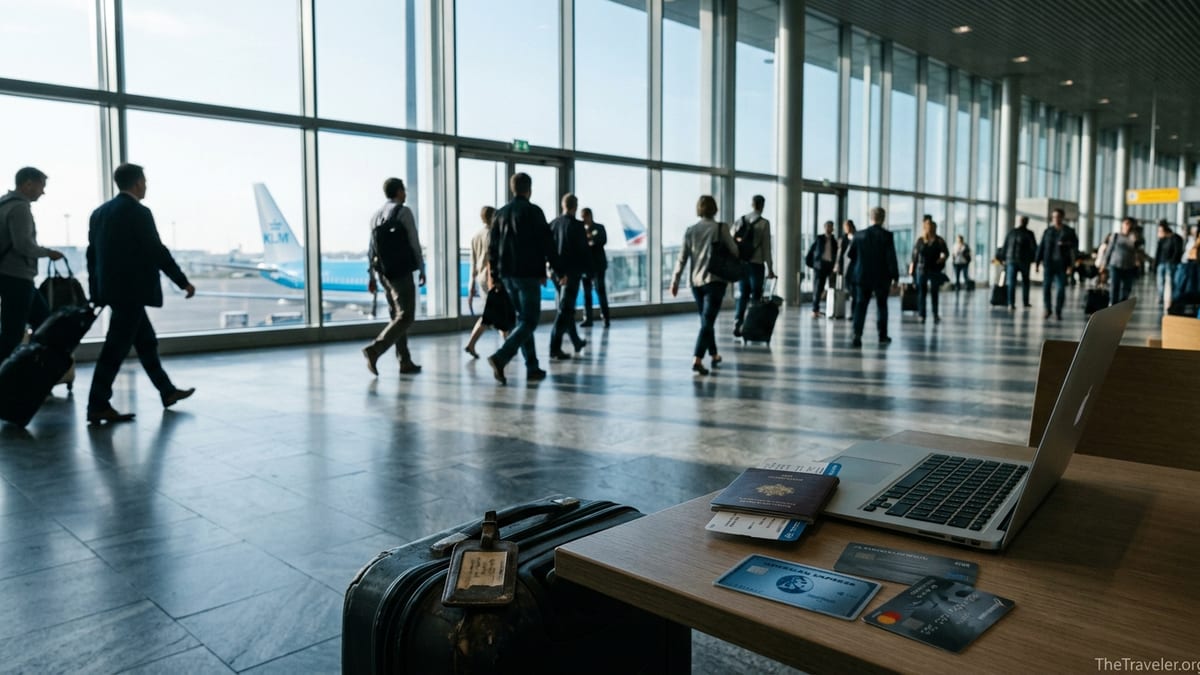 Traveler at an airport table comparing airline credit cards with planes outside the window.
