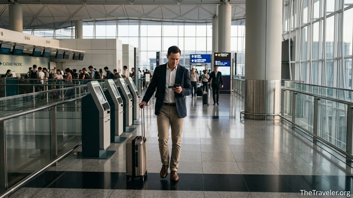 Traveler holding a Standard Chartered Cathay Mastercard walking through a busy Hong Kong airport terminal.