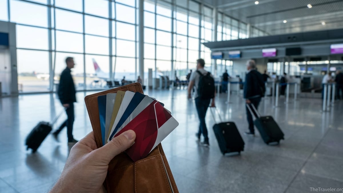 Traveler holding multiple airline credit cards in an airport departure hall.