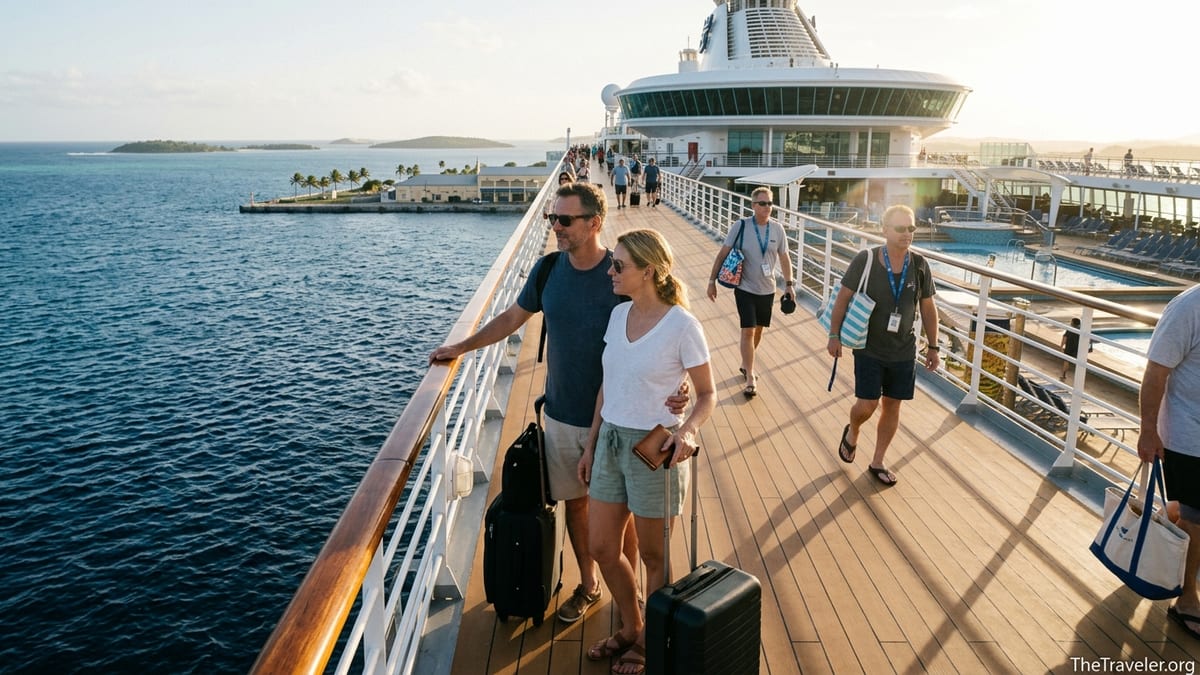 Couple on deck of a Royal Caribbean cruise ship at sunrise leaving port