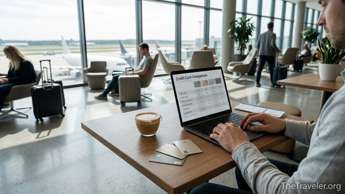 Traveler comparing hotel credit cards on a laptop in a bright airport lounge.