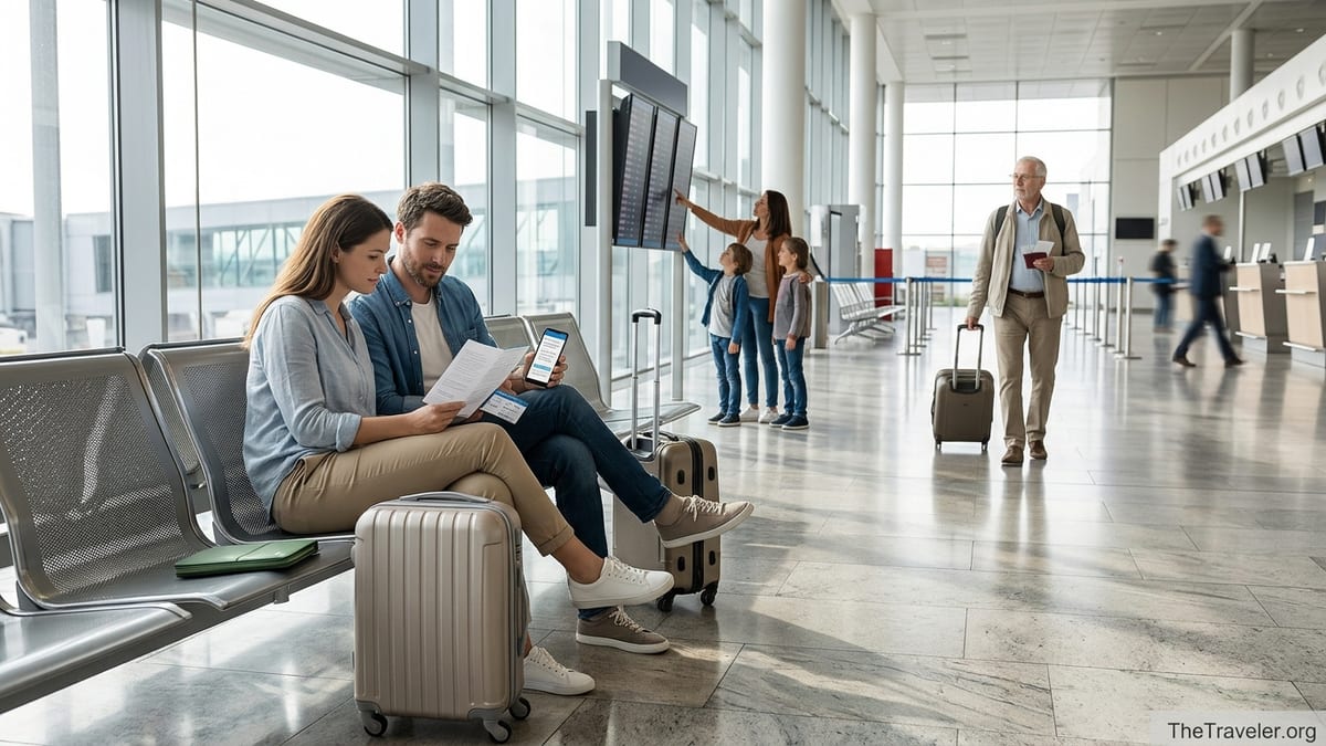 Travellers in a bright airport lounge reviewing travel insurance documents before a flight.