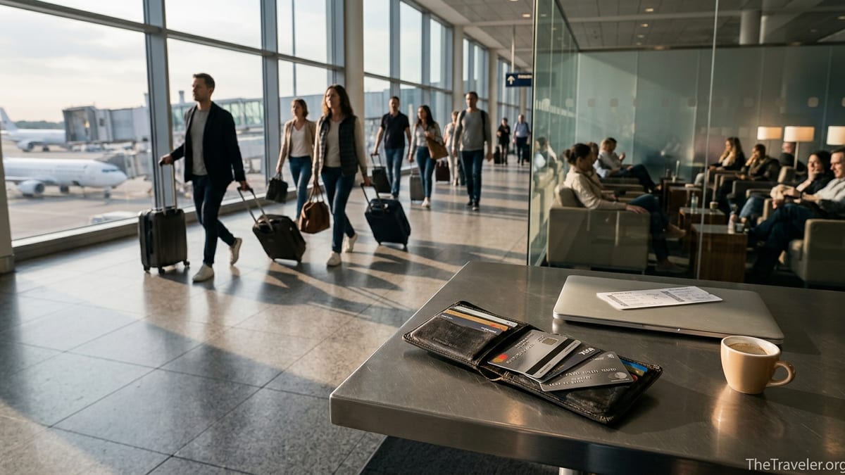 Travel wallet with multiple credit cards on a table in a busy airport terminal.