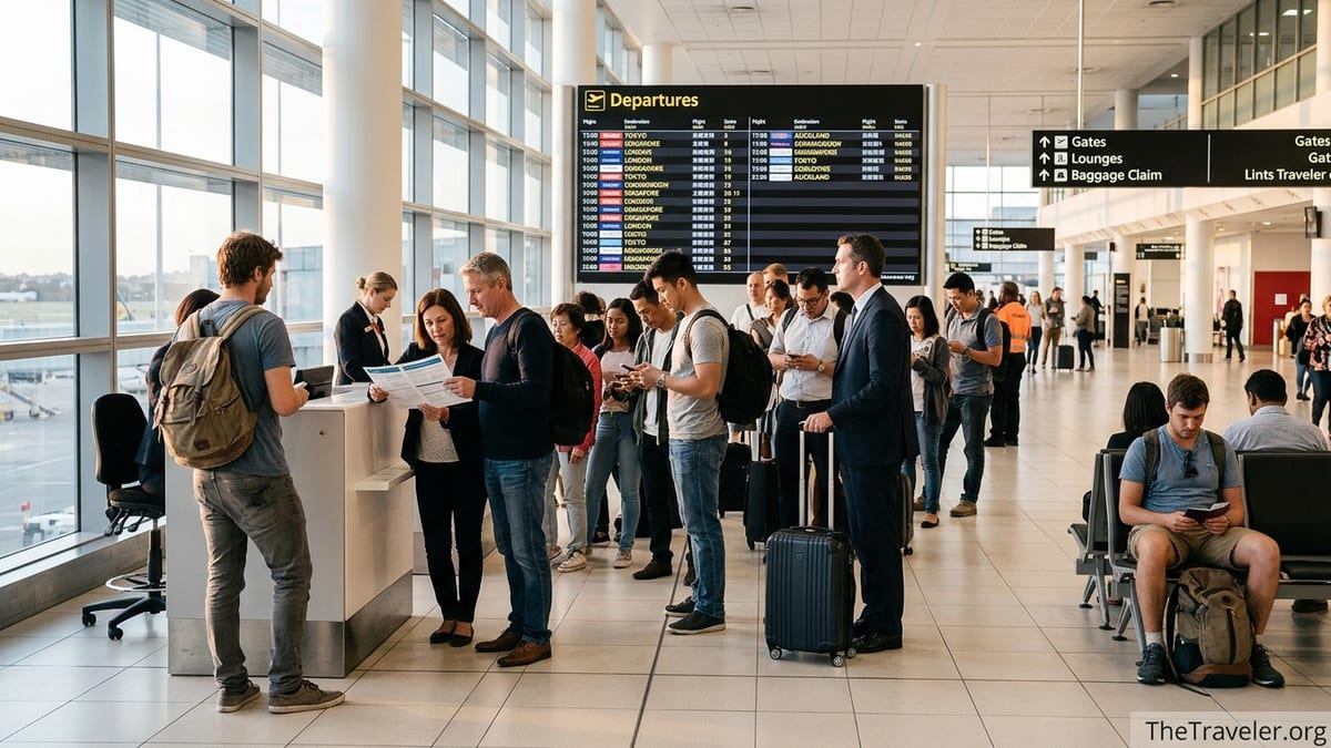 Travellers in a bright Sydney airport departure hall reviewing documents and luggage.