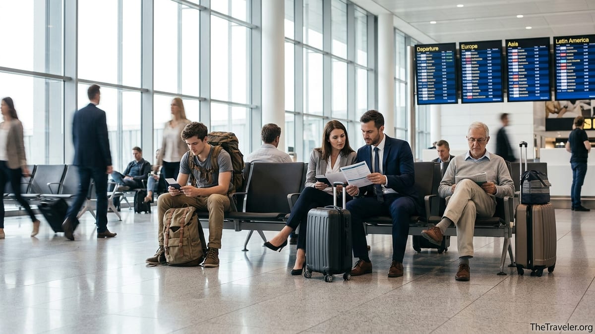 Travelers in a bright airport terminal reviewing documents and luggage before an international trip.