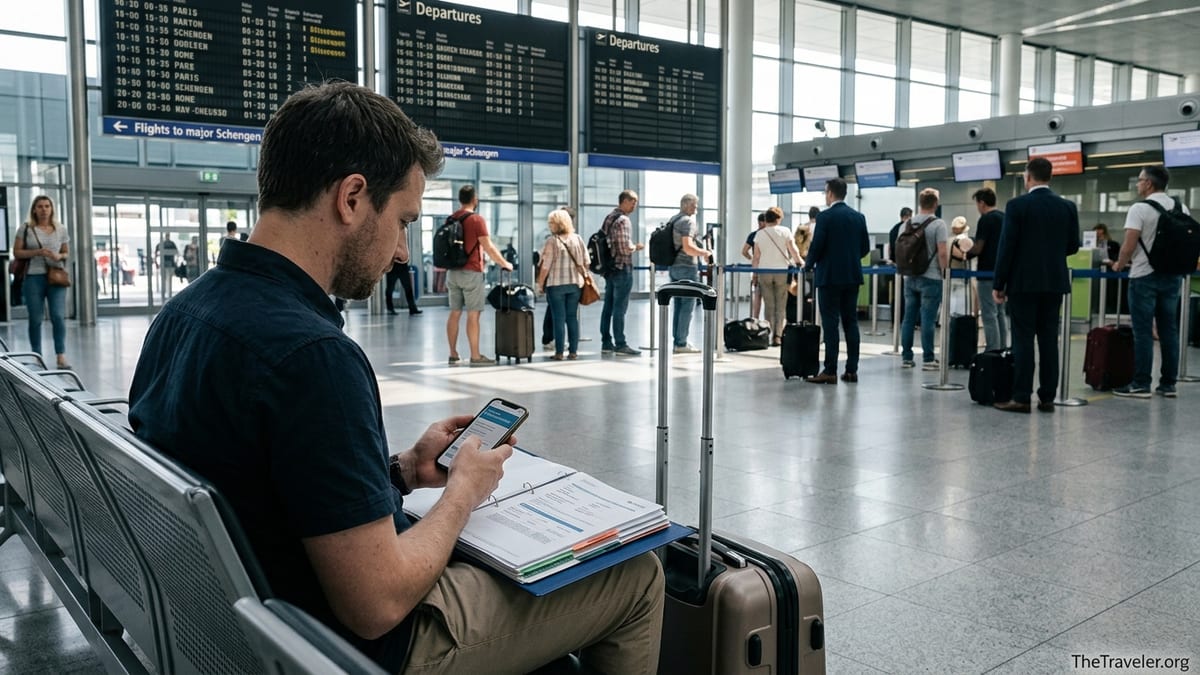 Traveler reviewing Schengen travel insurance papers in a busy European airport hall.