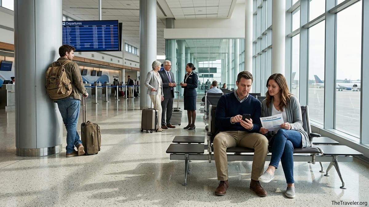 Travelers in an airport comparing trip insurance options on a phone near departure gates.