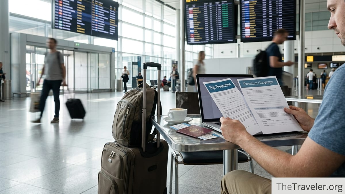 Traveler comparing different travel insurance plans at an airport table before a flight.