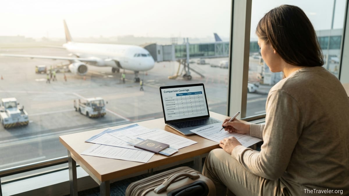 Traveler comparing GeoBlue and other travel insurance plans in an airport lounge.