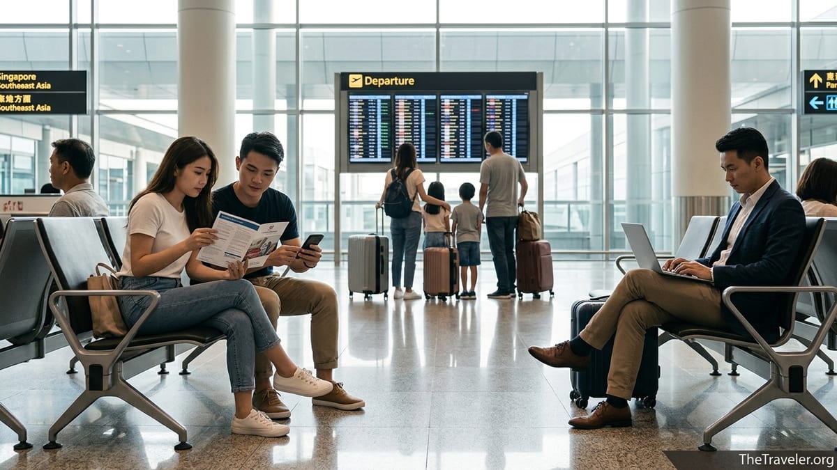 Travelers in an airport comparing travel insurance documents on benches near large glass windows.