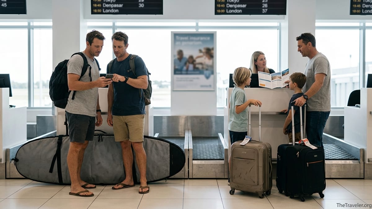 Travellers at an Australian airport check-in comparing documents and bags before an international flight.