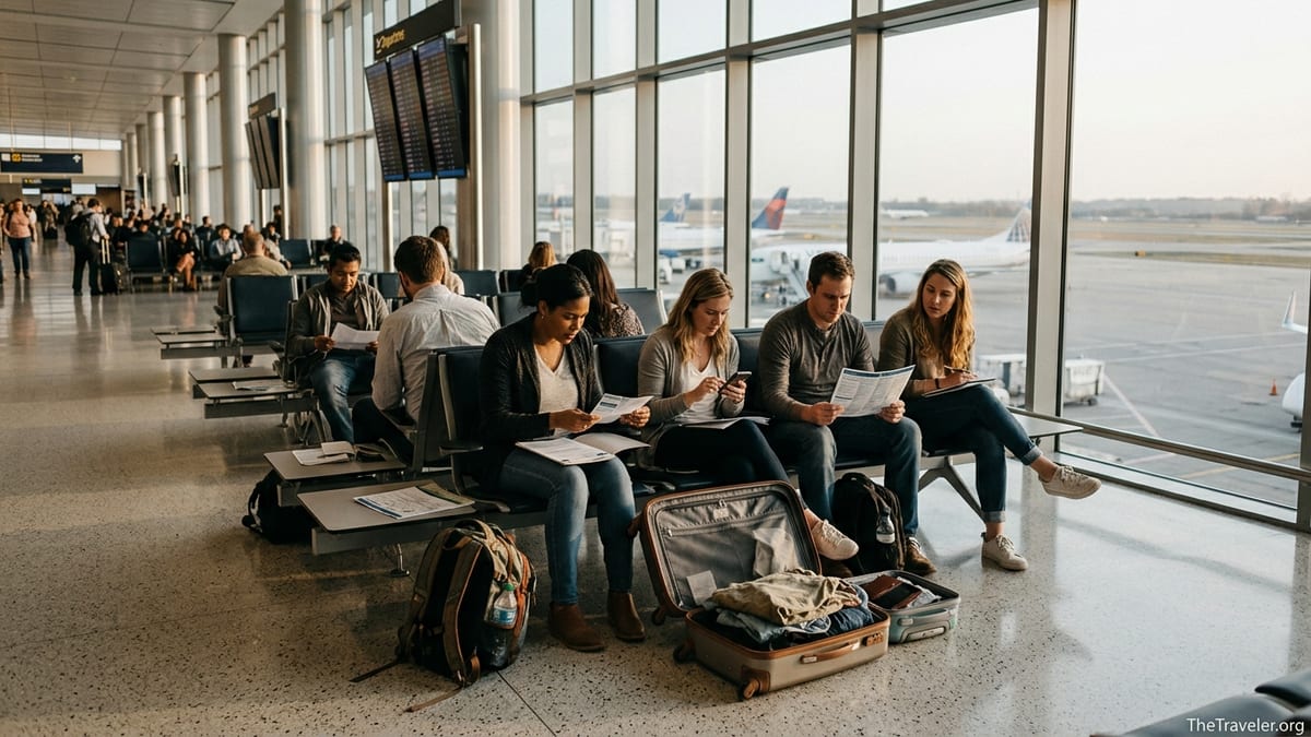 Travelers in an airport lounge reviewing documents and phones before an international flight.