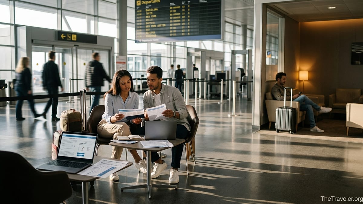 Travelers in a bright European airport terminal reviewing documents and luggage, suggesting travel insurance comparison.