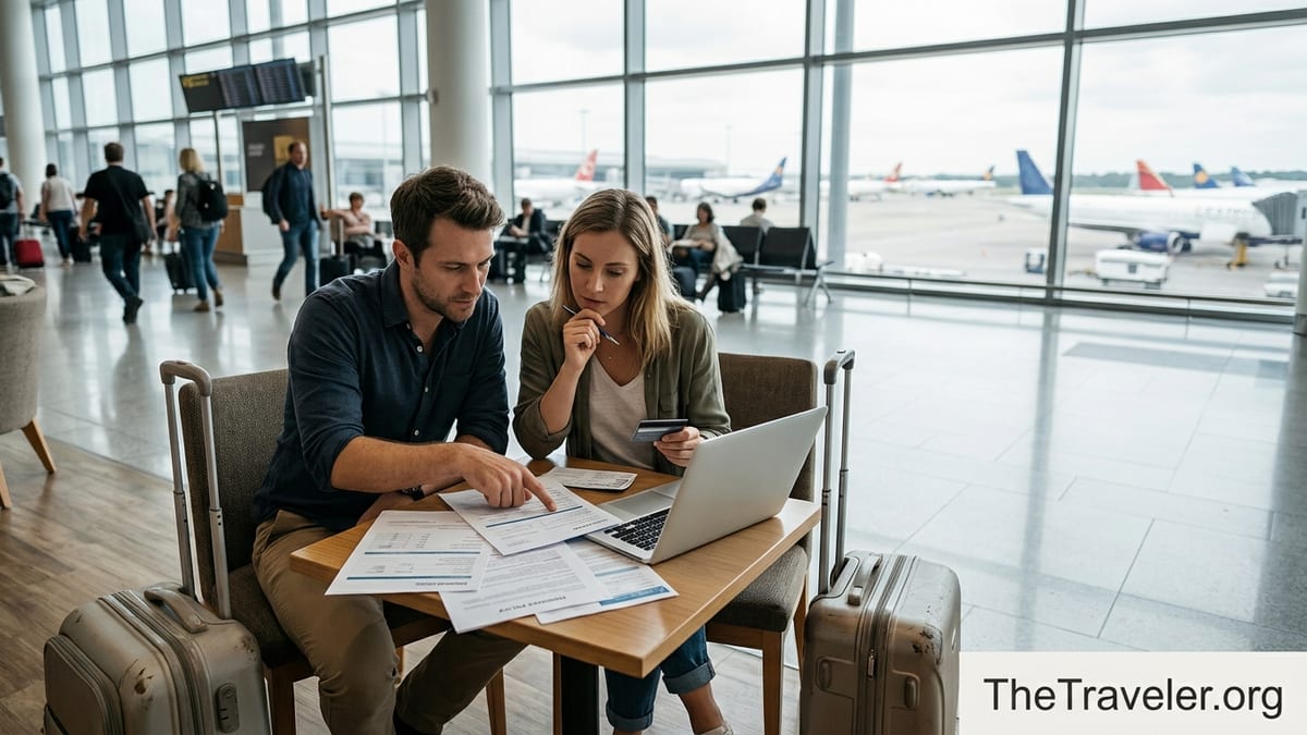 Travelers reviewing printed insurance documents and a laptop in an airport lounge.