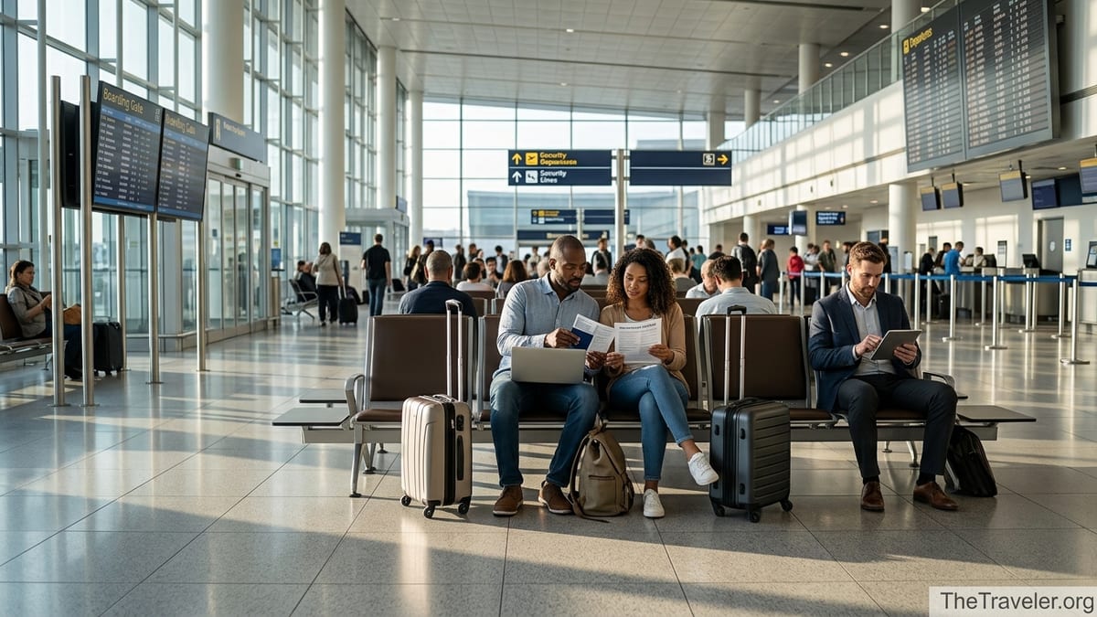 Travelers in an airport terminal comparing travel insurance documents before an international flight.