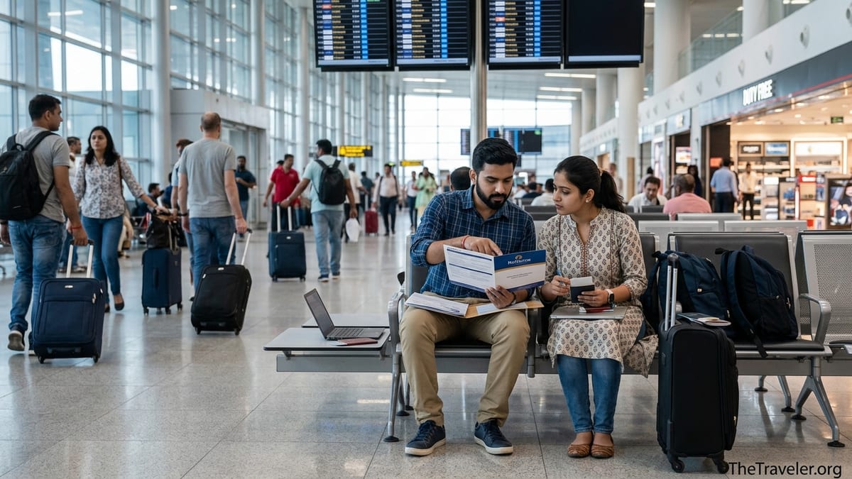 Travelers at an airport bench reviewing travel insurance documents before an international flight.