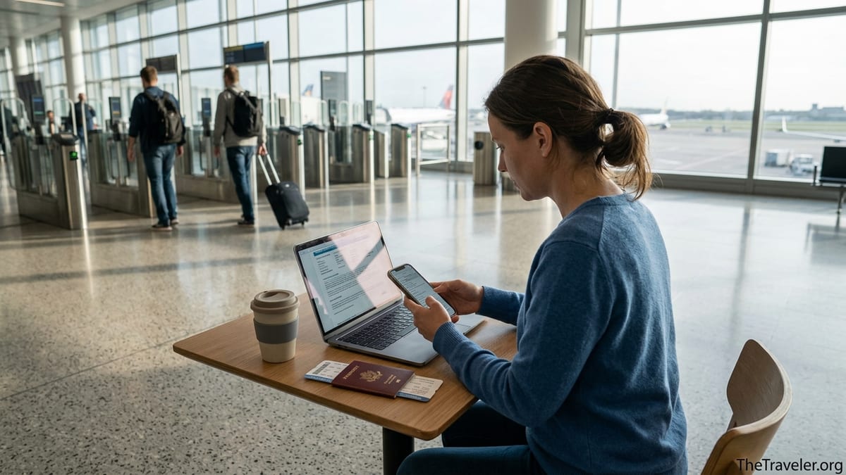 Traveler in an airport lounge comparing travel insurance documents on laptop and phone.