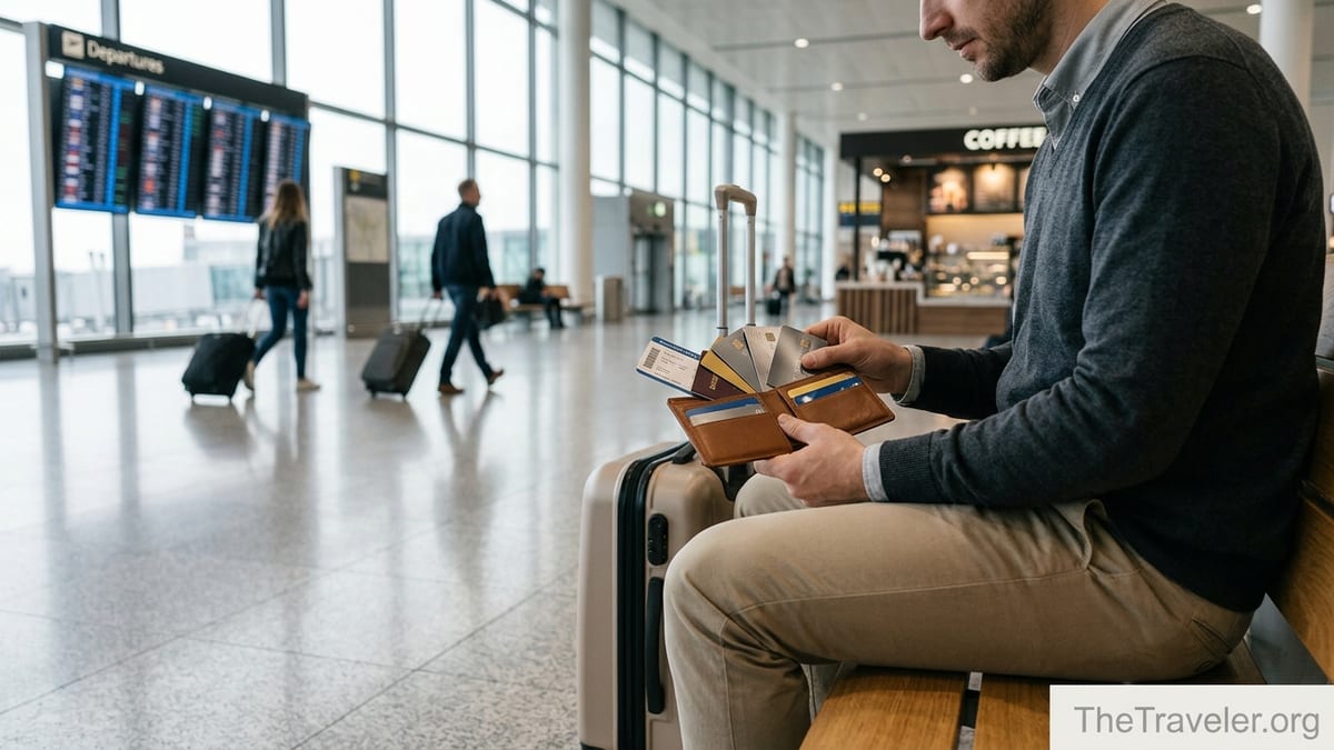 Traveler in an airport terminal comparing several travel credit cards beside a boarding pass.